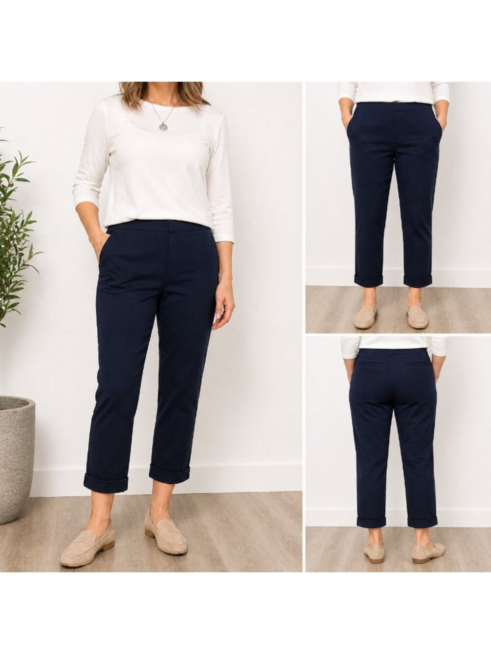 J.Jill Premium Bi-Stretch Ankle Pant Womens Size 12 Navy Blue Pull-On Cuffed Hem
